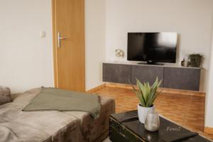 a living room with a couch and a tv at Lieblingsplatz by Julia & Tom in Kesselsdorf
