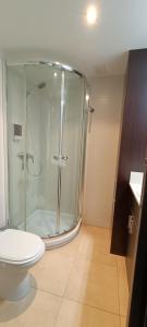 La salle de bains est pourvue d'une douche en verre et de toilettes. dans l'établissement Wind Rose study, à Jávea