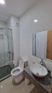 ein Bad mit einem WC, einem Waschbecken und einer Dusche in der Unterkunft Aparthouse EdHel T2 in Praia