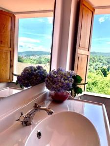 een wastafel in de badkamer met een vaas met bloemen en een raam bij casa gerente in Muros