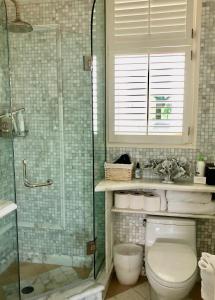 a bathroom with a toilet and a glass shower at Pacific Heights Chic Jr Studio in San Francisco