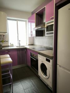 a kitchen with a washing machine and purple cabinets at La casita de Lyra in Granada