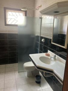 La salle de bains est pourvue d'un lavabo et de toilettes. dans l'établissement CASA DE PRAIA COM PISCINA e AREA GOURMET, à Caraguatatuba
