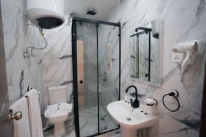 a bathroom with a shower and a toilet and a sink at Tuia pyramids hotel in Cairo