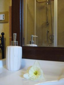 a white soap dispenser sitting on a bathroom counter at La Casetta Vacanze in Molini di Triora