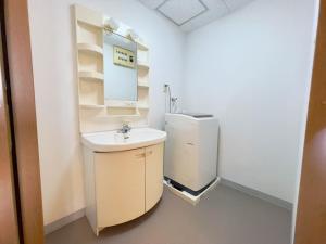 een badkamer met een wastafel en een spiegel bij エクセルインナガハマ in Nagahama