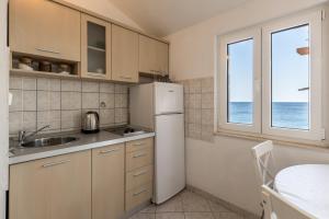 kuchnia z lodówką, zlewem i oknem w obiekcie Apartments by the sea Milna, Vis - 8946 w mieście Rukavac