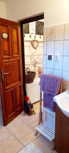 a bathroom with a sink and a toilet and a door at Ubytovani Eden in Dlouhá Ves