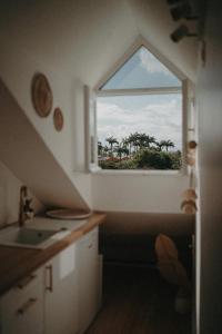 a kitchen with a window with a view of palm trees at Ti Studio Bohème, avec citerne in Le Gosier