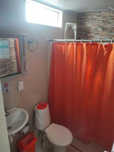 サン・アンドレスにあるJackson House Innのバスルーム(オレンジ色のシャワーカーテン、トイレ付)