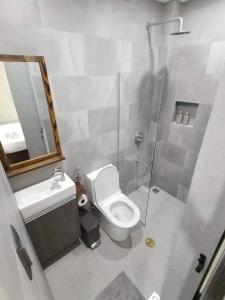 a bathroom with a shower and a toilet and a sink at Kasa Boutique Hotel in Cebu City