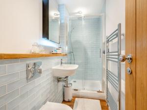 a bathroom with a toilet and a sink and a shower at Winter Cottage 