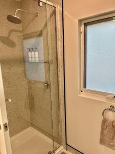 a shower with a glass door in a bathroom at Stylish Sandy Bay Apartment in Sandy Bay