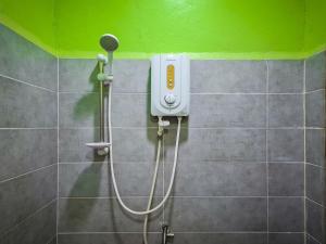 um chuveiro numa casa de banho com uma parede verde em Steng Toch Homestay em Phumĭ Bântéay Srei