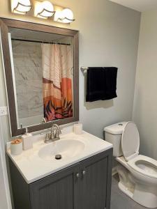 a bathroom with a sink and a toilet and a mirror at SPACIOUS & MODERN 3 BR HOME WI-Fi FREE PARKING in Chicago