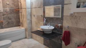 e bagno con lavandino, servizi igienici e vasca. di Comfy Luxurious Apartment in Central Location in Mansheyet El Bakry East Cairo a Il Cairo