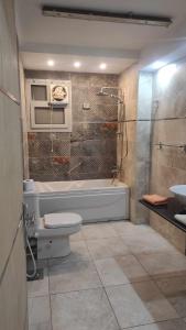 e bagno con vasca, servizi igienici e lavandino. di Comfy Luxurious Apartment in Central Location in Mansheyet El Bakry East Cairo a Il Cairo