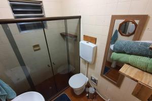 uma casa de banho com um chuveiro, um WC e um espelho. em Casa Chalé Chácara Caminho do Vale em Nova Friburgo