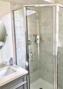 a bathroom with a shower and a sink at Pacific Heights Grand Elegant Studio in San Francisco