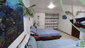 Habitación con 2 camas en una habitación con estantes para vinos en Senny's Treelodge Hotel, 
