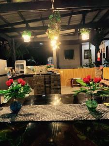 a kitchen with two vases with red flowers on a table at Palermos IslandVille in Catarman