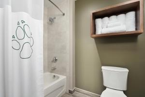 a bathroom with a toilet and a shower with towels at Great Wolf Lodge Mason in Mason