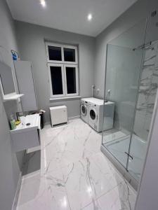a bathroom with a shower and a washing machine at Odra River Condo in Szczecin
