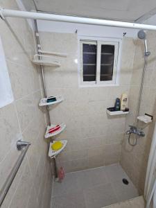 a bathroom with a shower with four shelves at Apartamento frente malecón SD este in La Francia