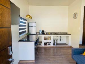 een keuken en een woonkamer met een aanrecht en een koelkast bij Cozy & Quiet Pet friendly Studio in Ensenada