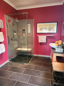 a bathroom with a shower and a sink at Woodlands in Geraldine