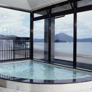 a swimming pool with a view of the water at Sea View Inn MURAMIYA in Wada