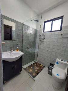 y baño con ducha, lavabo y aseo. en Apartamentito moderno con vista en Monteverde, en Cebadilla