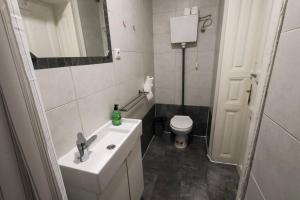 La salle de bains blanche est pourvue d'un lavabo et de toilettes. dans l'établissement Pest-port apartment room-5 Private apartment, à Budapest
