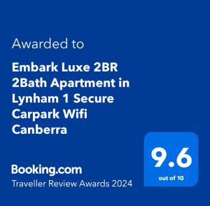 Embark Luxe 2BR 2Bath Apartment in Lynham 1 Secure Carpark Wifi Canberra的证书、奖牌、标识或其他文件