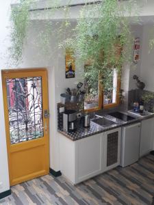 une cuisine avec un comptoir et une porte jaune dans l'établissement lapetitemaisondeparis, à Paris