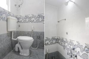 two pictures of a bathroom with a toilet and a shower at FabHotel The Guest House in Pune
