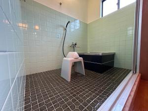 uma casa de banho com um WC, um lavatório e um chuveiro em ゲストハウス 畔（hotori） 