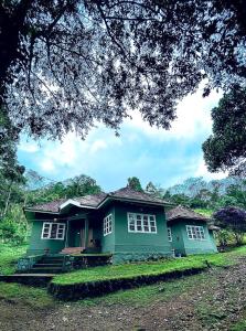 una casa verde sentada en la cima de un campo en Breeze Hill resort, en Viripara