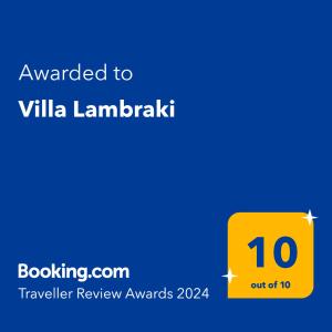 a yellow box with the text awarded to ville lamakakwer review awards at Villa Lambraki in Síva