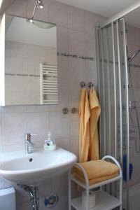 a bathroom with a sink and a shower with a mirror at Ferienwohnung Luv - direkt am Salzhaff in Rerik