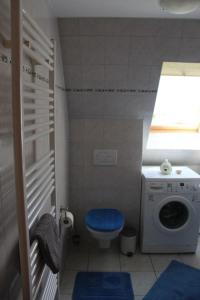 a small bathroom with a washing machine and a toilet at Ferienwohnung Luv - direkt am Salzhaff in Rerik