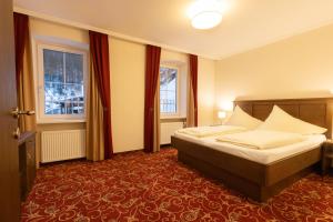 um quarto de hotel com uma cama e duas janelas em Appartements Feroli em Dienten am Hochkönig