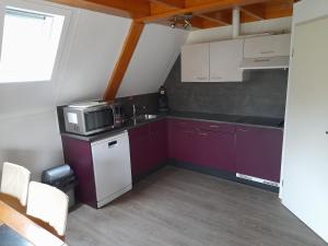 een kleine keuken met paarse kasten en een magnetron bij t'Hoog Holt in Gramsbergen