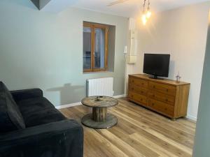 a living room with a couch and a tv and a table at Le 24 carat appartement 3 pièces neuf in Beaurepaire