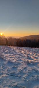 um campo nevado com o pôr do sol ao fundo em Gościniec Śliwkowy Sad em Międzylesie