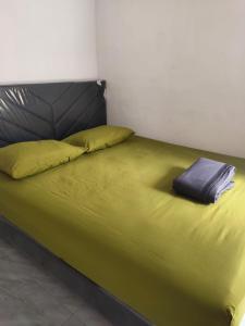 Una cama con sábanas verdes y una almohada. en QQ HOMESTAY, en Takengon