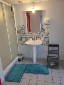 a bathroom with a sink and a mirror and mats at Auberge de la vallée de la douve in L'Etang-Bertrand