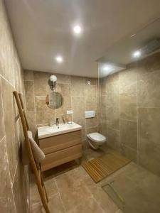 a bathroom with a toilet and a sink and a mirror at Entre terre & mer in Bénesse-Maremne