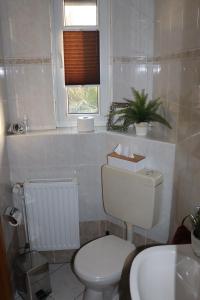 a bathroom with a toilet and a sink and a window at Hotel Kropper Busch Garni in Kropp +22 photos
