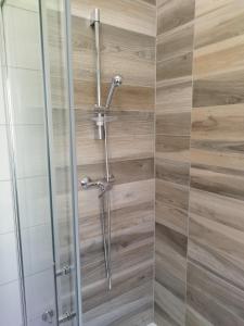 a shower with a glass door and wooden tiles at Apartma MB center in Maribor